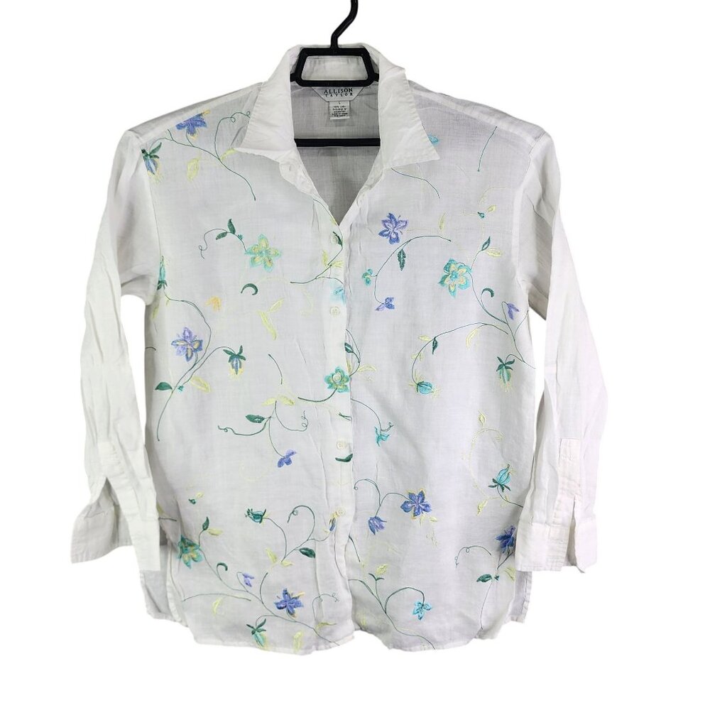 Womens Allison Taylor White Floral Embroidered Linen Shirt Long Sleeve Size L